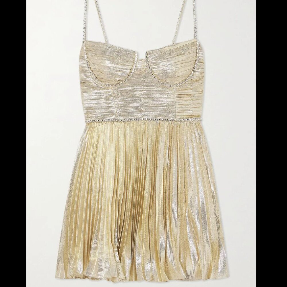 SELF-PORTRAIT Crystal-Embellished Plissé-Lamé Mini Dress NWT